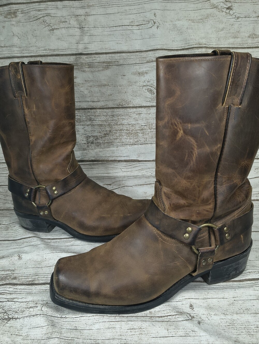 Boulet Distressed Brown Leather Harness Motorcycle Square Toe Boots Size 11.5